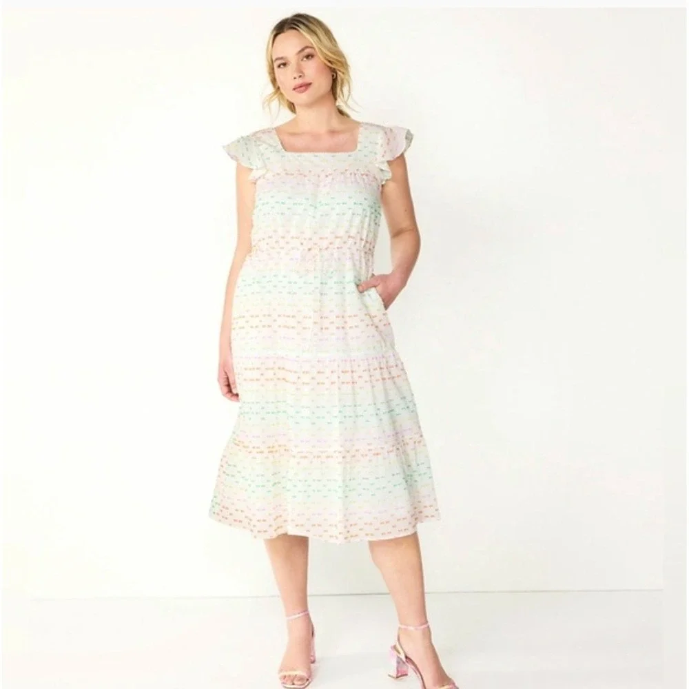 Draper James Rainbow Dot Tiered Midi Dress White Flutter Sleeves Pockets - Picture 2 of 15